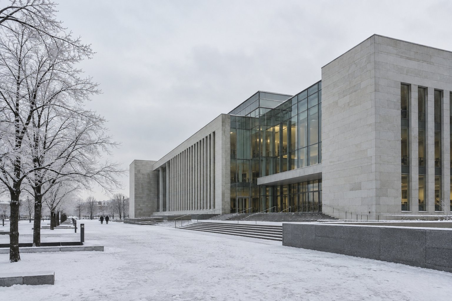 Vaalea pohjoismainen hallintorakennus lumisessa maisemassa