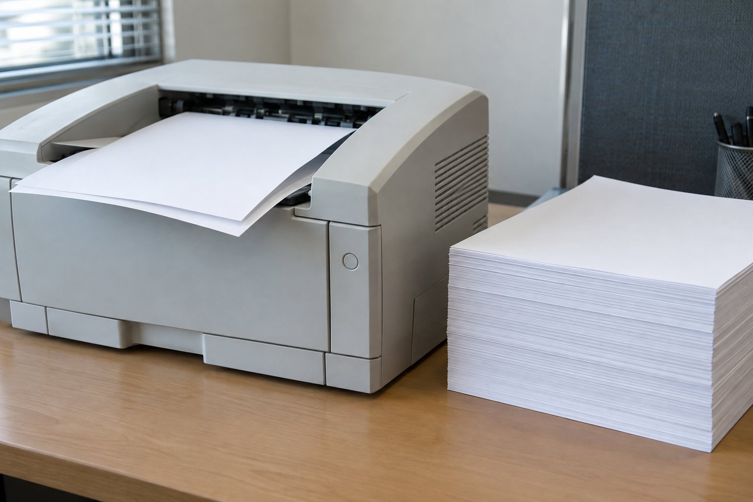 Tulostin syöttää tyhjää paperia suuren paperipinon vieressä